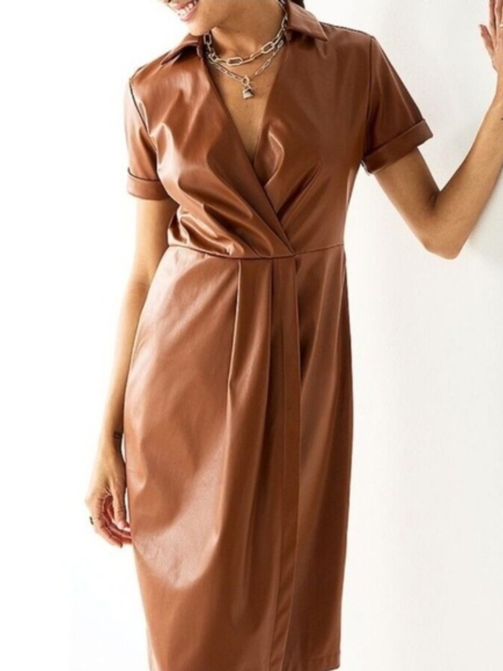 Nine West Faux Leather Midi Wrap Dress Maple Brown Large NWT